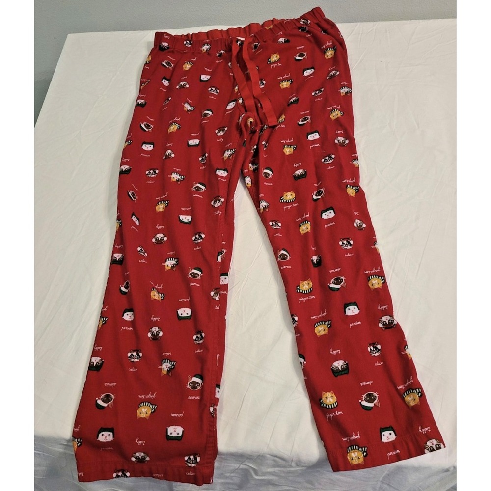 Lands End Pajama Pants Red Christmas Kitty Sleep Bottoms Womens Large